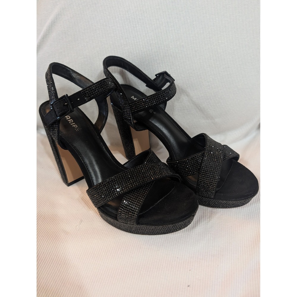 Maripe Black Rhinestone Platform Sandals Block Heel Evening Shoes Womens 8.5